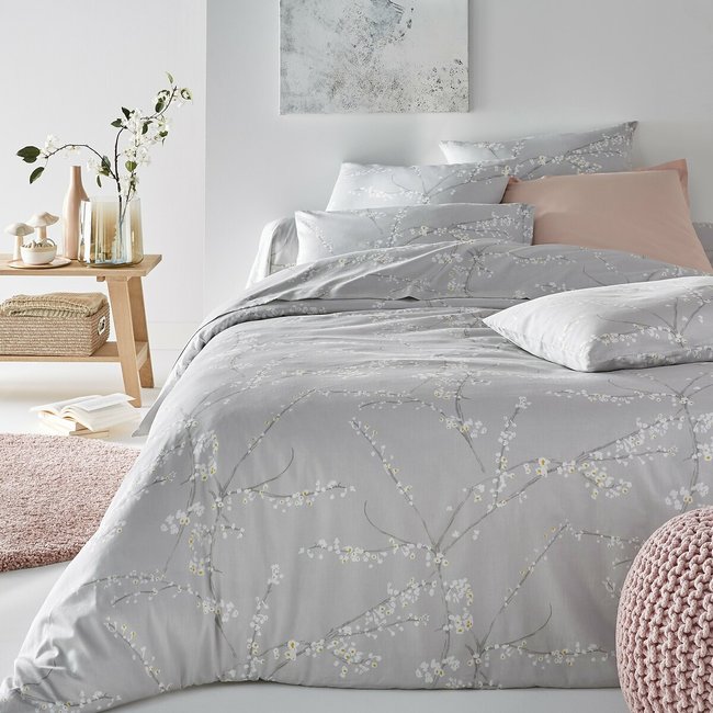 Natsumi Floral 100% Cotton Satin 200 Thread Count Duvet Cover, printed grey/white, LA REDOUTE INTERIEURS