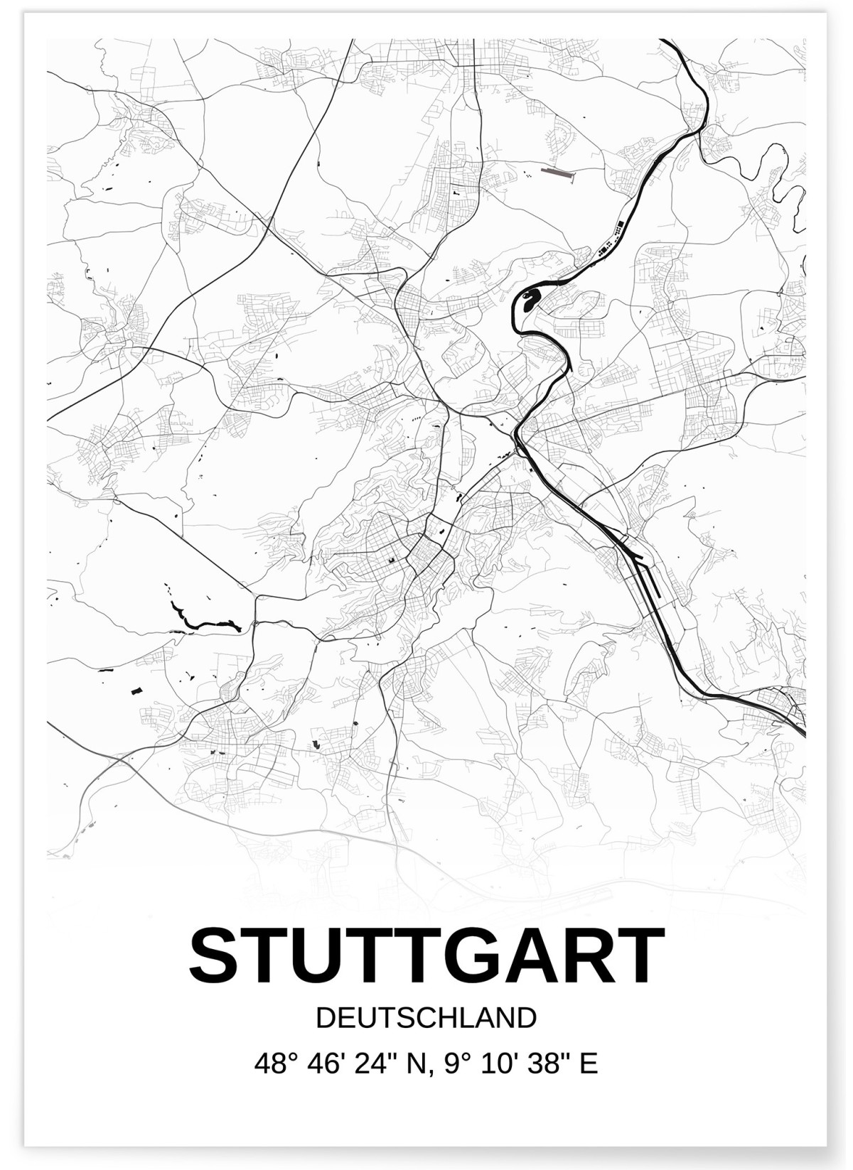 Affiche carte Stuttgart - rectangle Noir et Blanc, L'AFFICHERIE