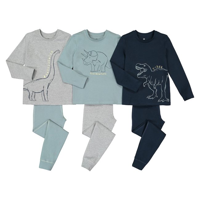Lot de 3 pyjamas en coton imprimés dinosaures bleu + vert + gris <span itemprop=