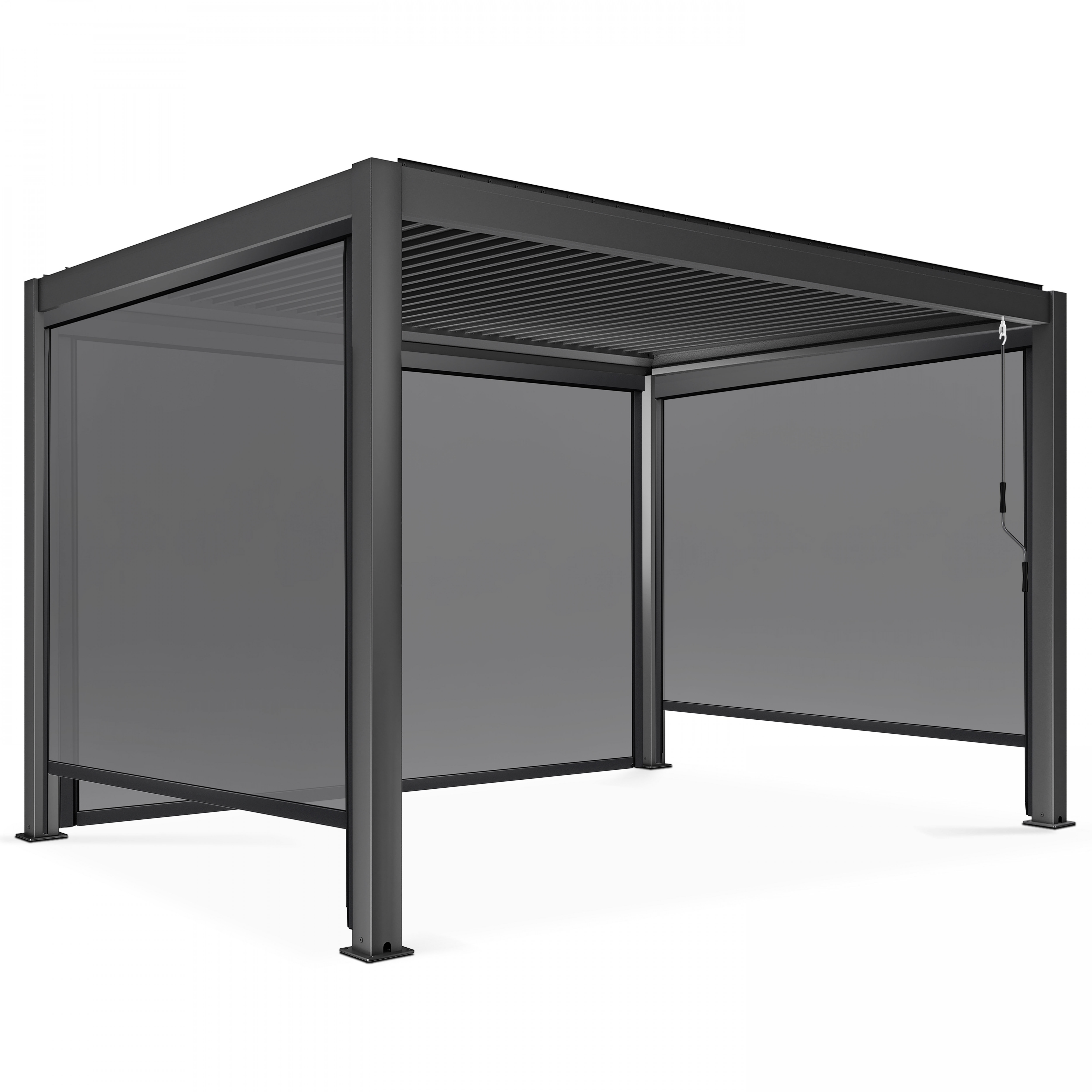 Pergola bioclimatique 3 x 4 m autoportée avec 3 stores gris, OVIALA