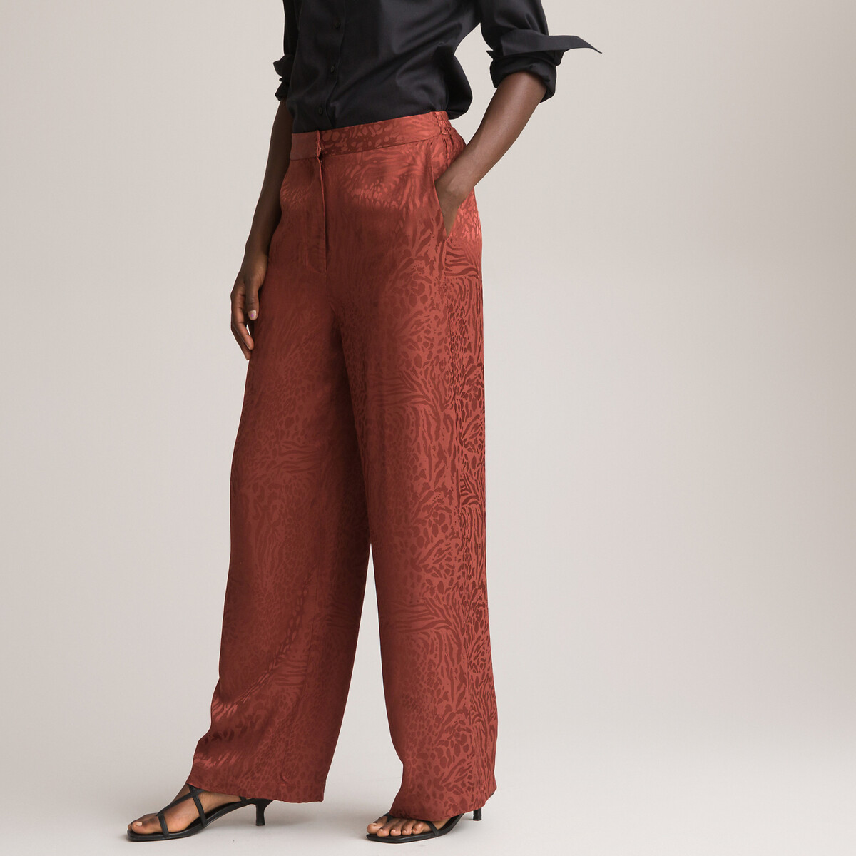 Pantalón ancho de talle alto de jacquard marrón La Redoute Collections