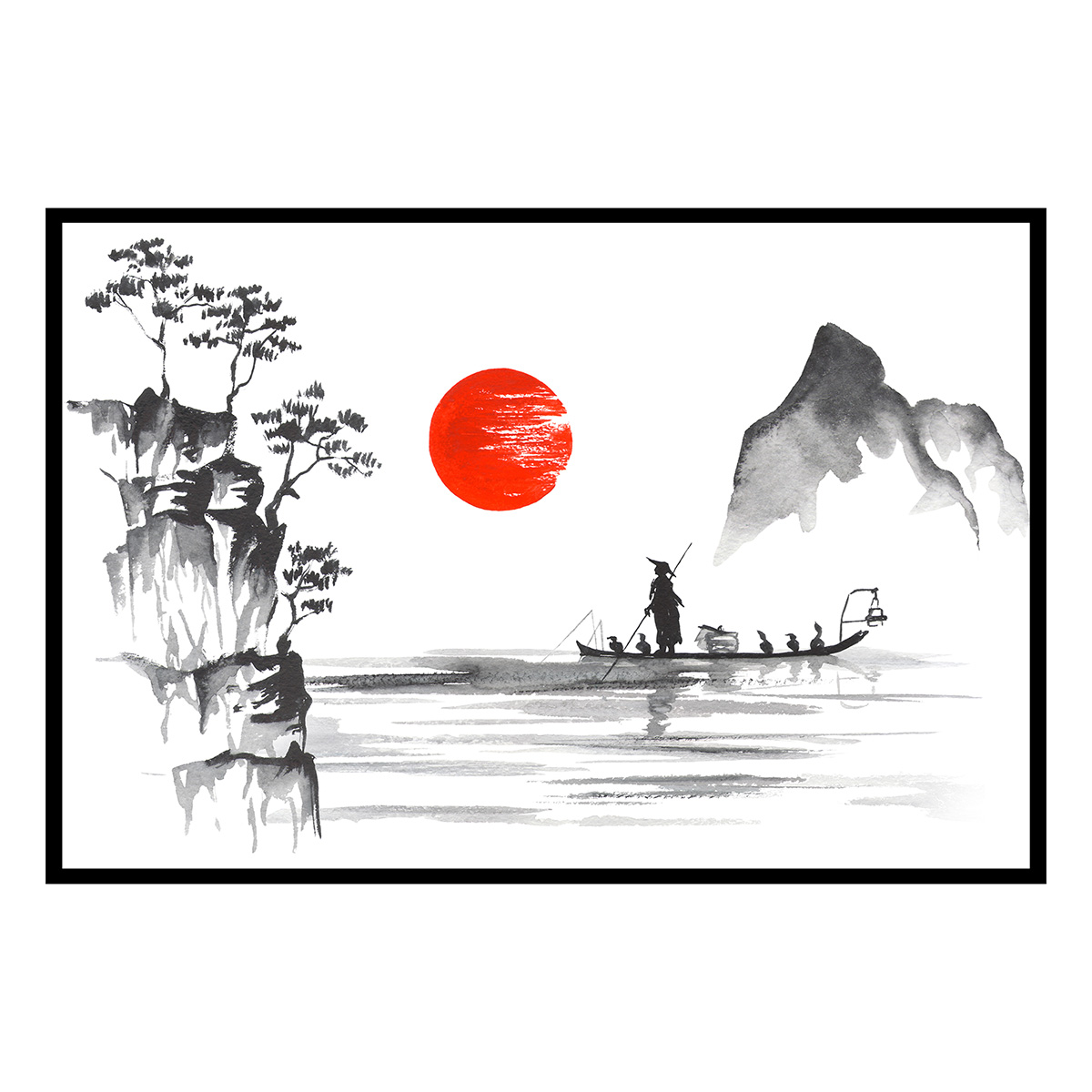 Affiche encadrée paysage poétique asiatique noir et blanc, HEXOA