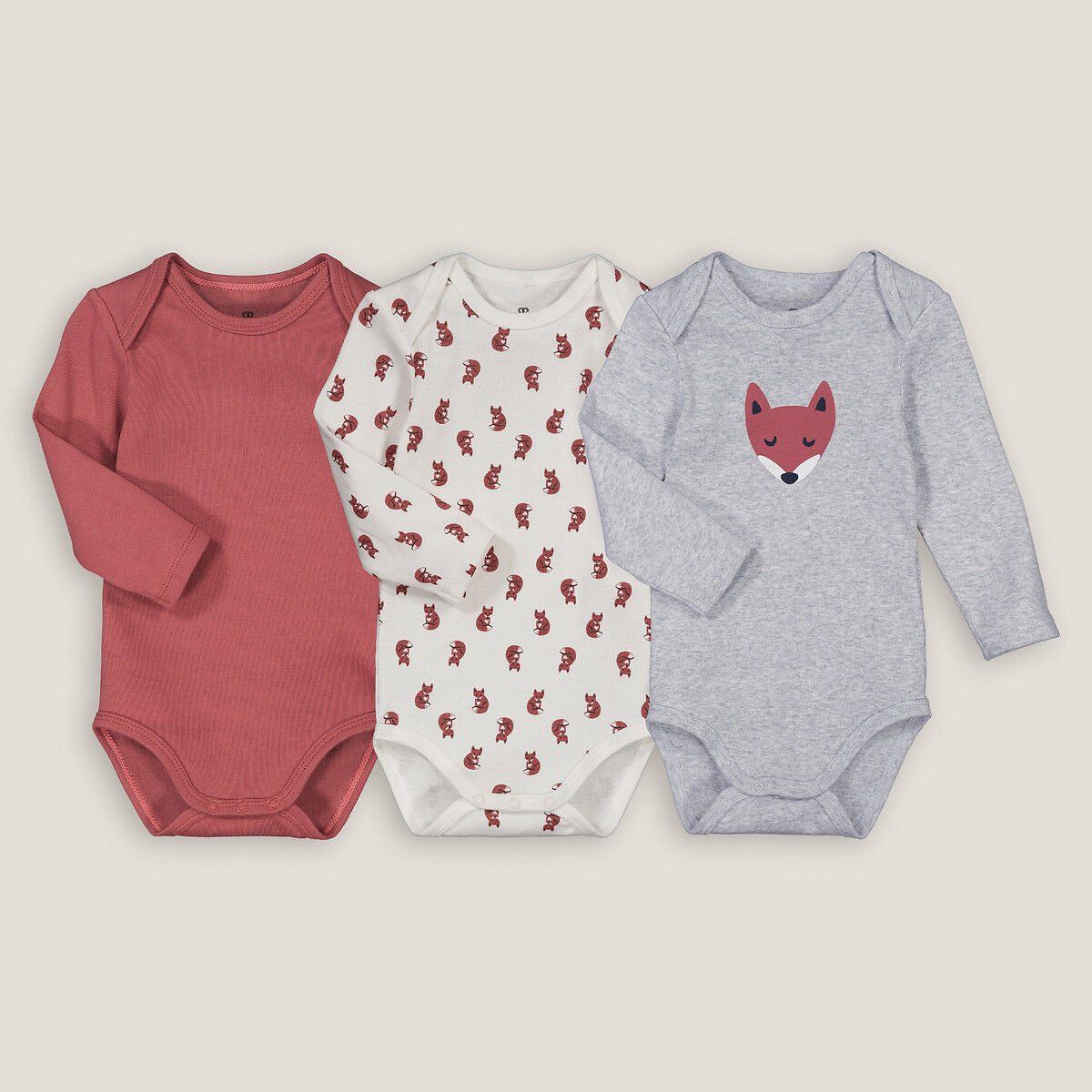 Pack of 3 Bodysuits in Cotton with Long Sleeves