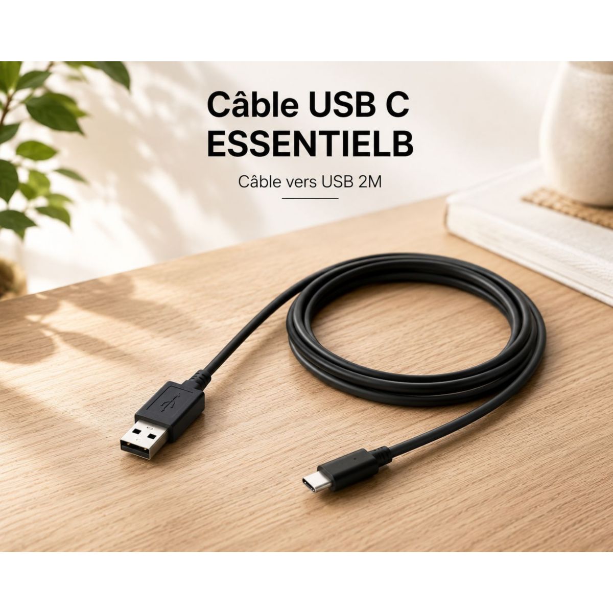 Câble USB C Câble vers USB 2M Noir compatible iPhone 17 16 15 Pro Max, Samsung Galaxy S25 S24 Ultra, ESSENTIEL B