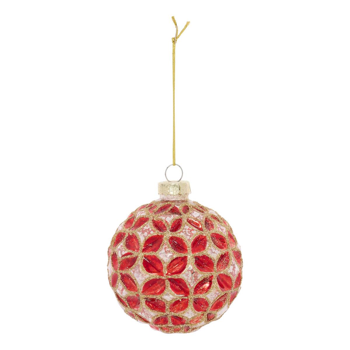 Boule de Noël motif pétales rouge en verre transparente D. 80 mm, FEERIC LIGHTS & CHRISTMAS