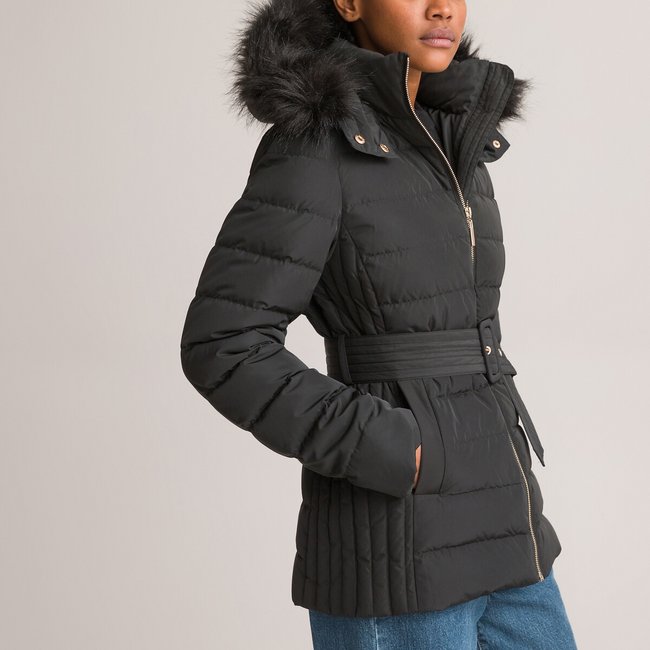 Recycled hooded padded jacket with belt La Redoute Collections | La Redoute