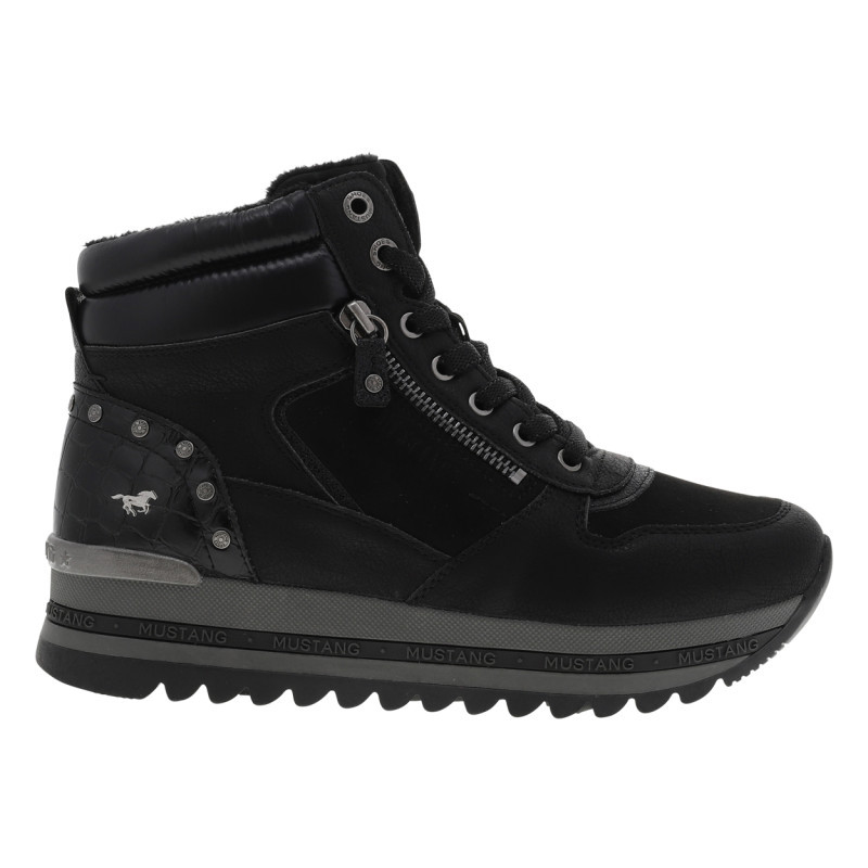 Baskets noires à talon semi-compensé avec des lacets et un zip latéral, MUSTANG
