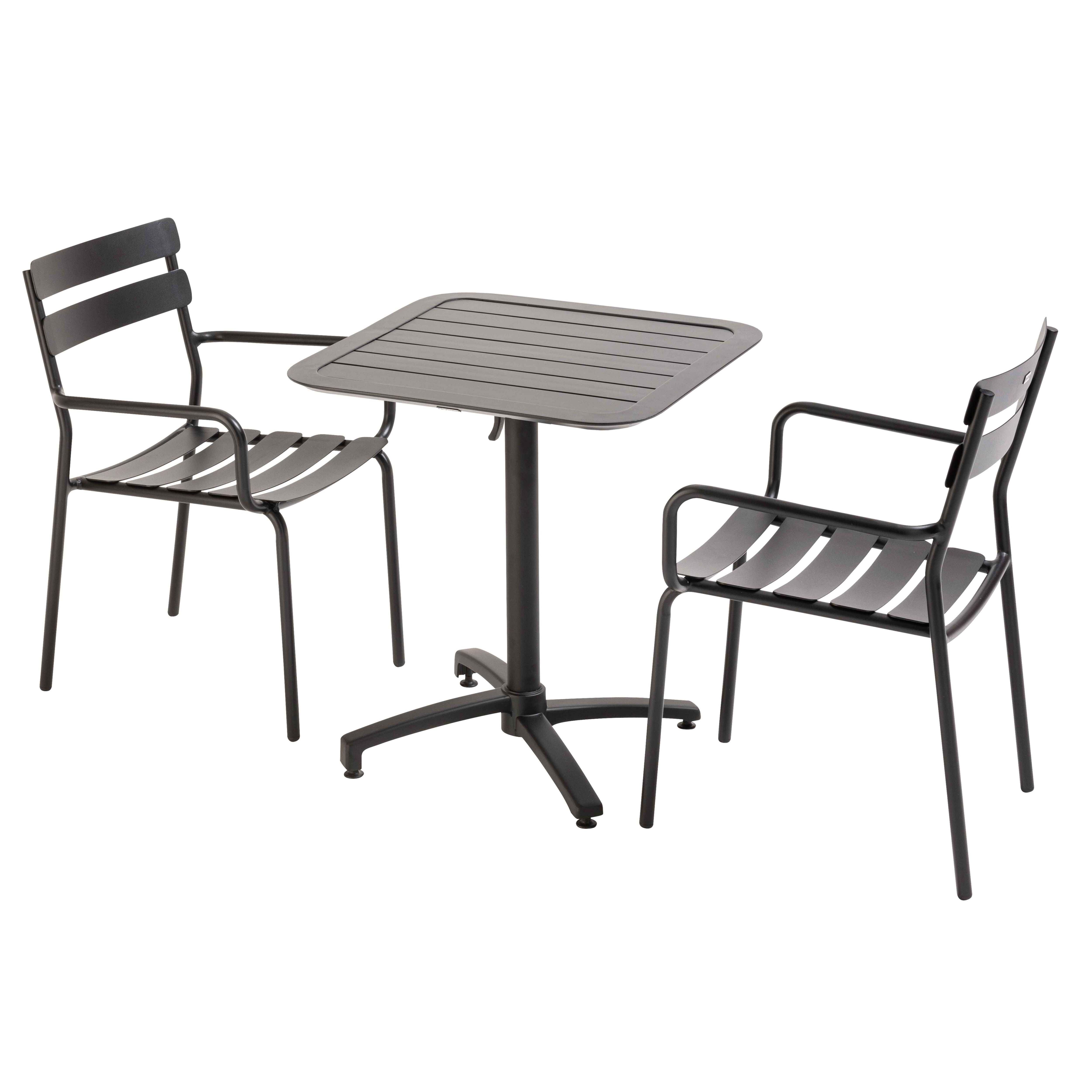Table de terrasse 70x70 cm inclinable en aluminium et 2 chaises avec accoudoirs, ALMADA, OVIALA