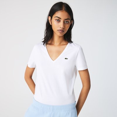 Embroidered Logo Cotton T-Shirt in Loose Fit with V-Neck LACOSTE