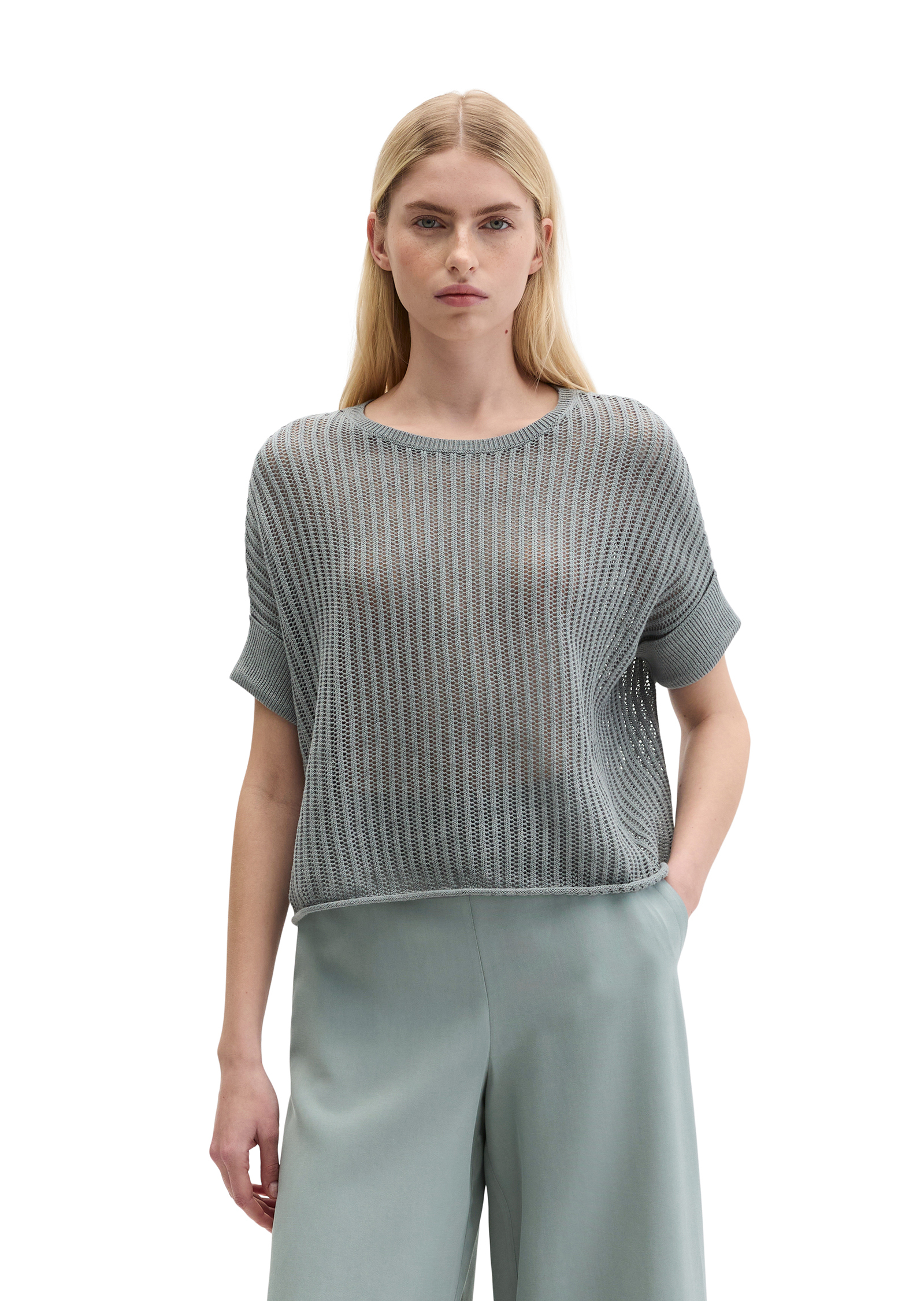Pull-over en maille à manches courtes boxy en mélange coton organique-lin, MARC O'POLO