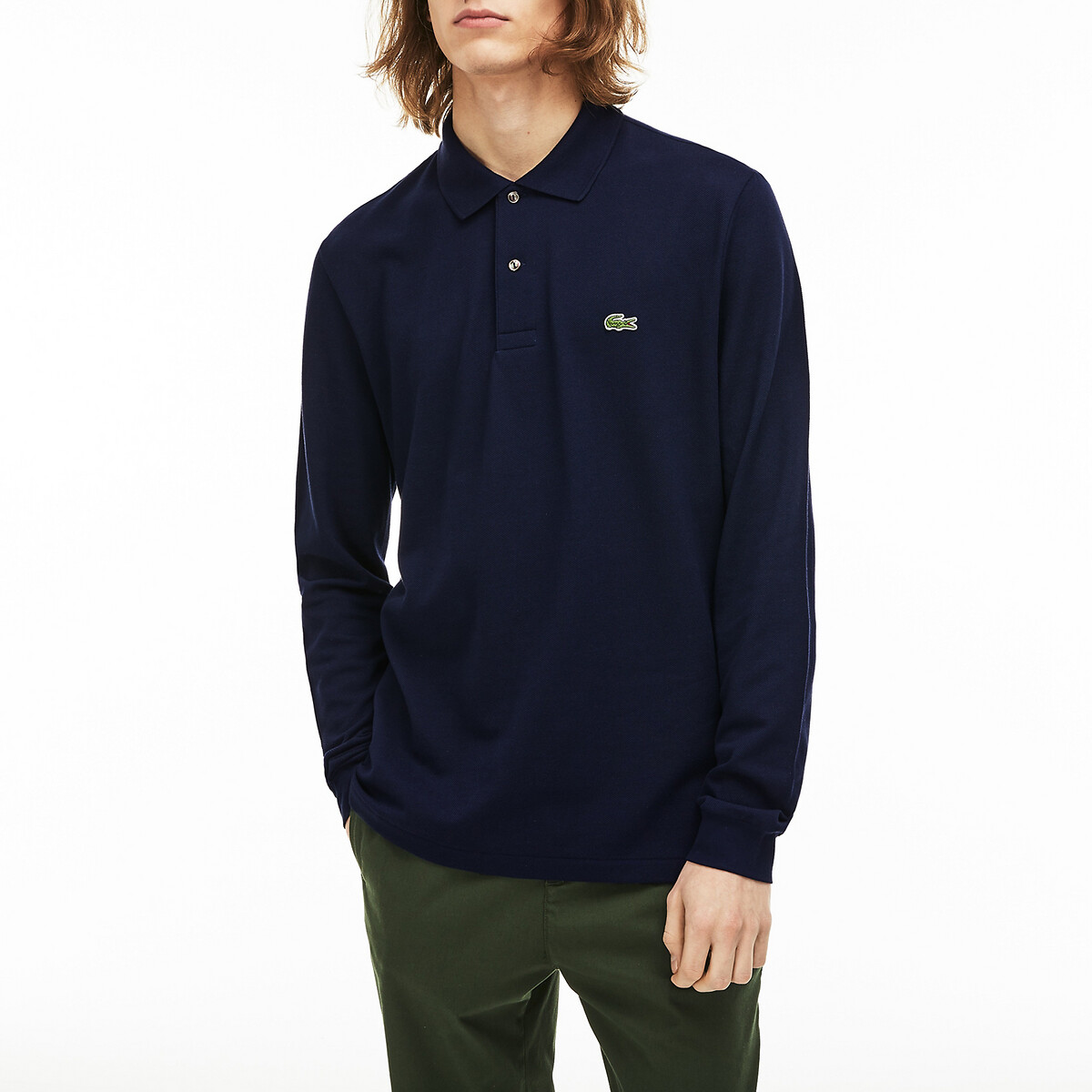 Image of Cotton Pique Polo Shirt in Regular Fit with Long Sleeves