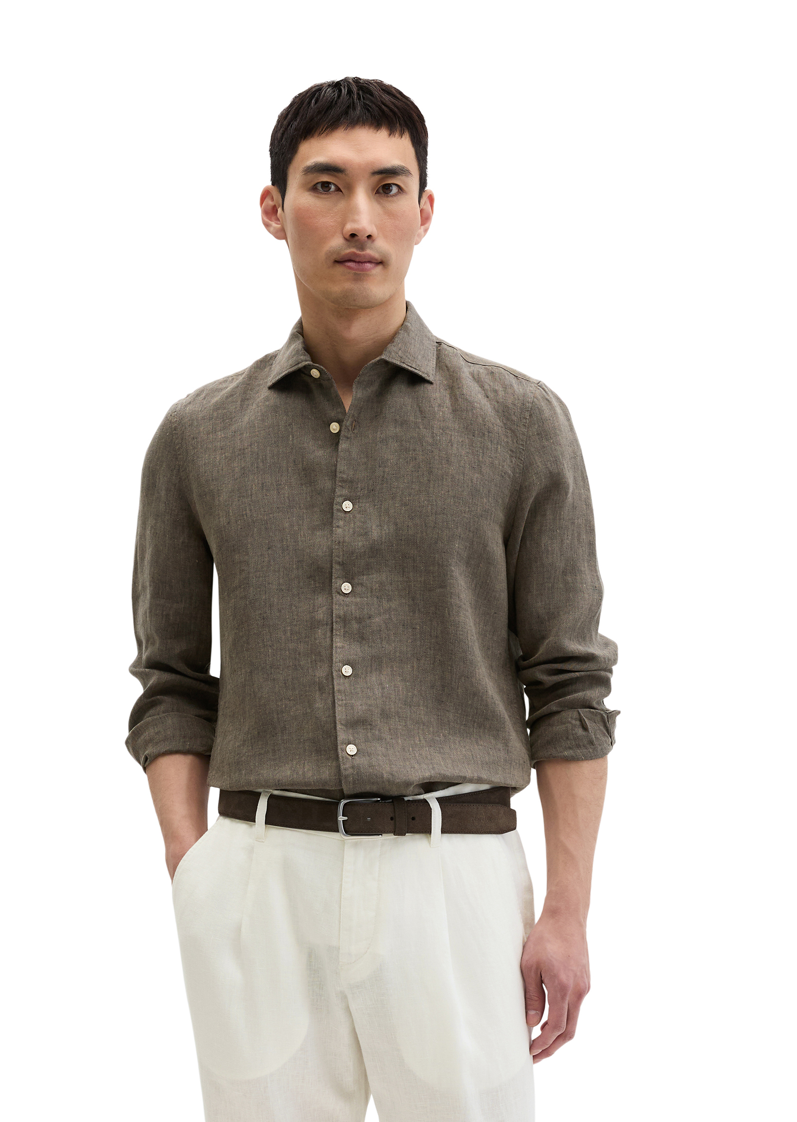 Chemise à col requin shaped en chambray de lin fin, MARC O'POLO