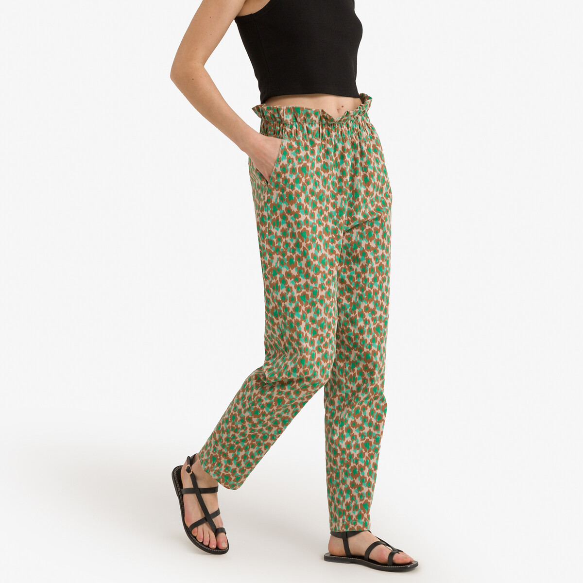 Printed Cotton Cigarette Trousers with High Waist