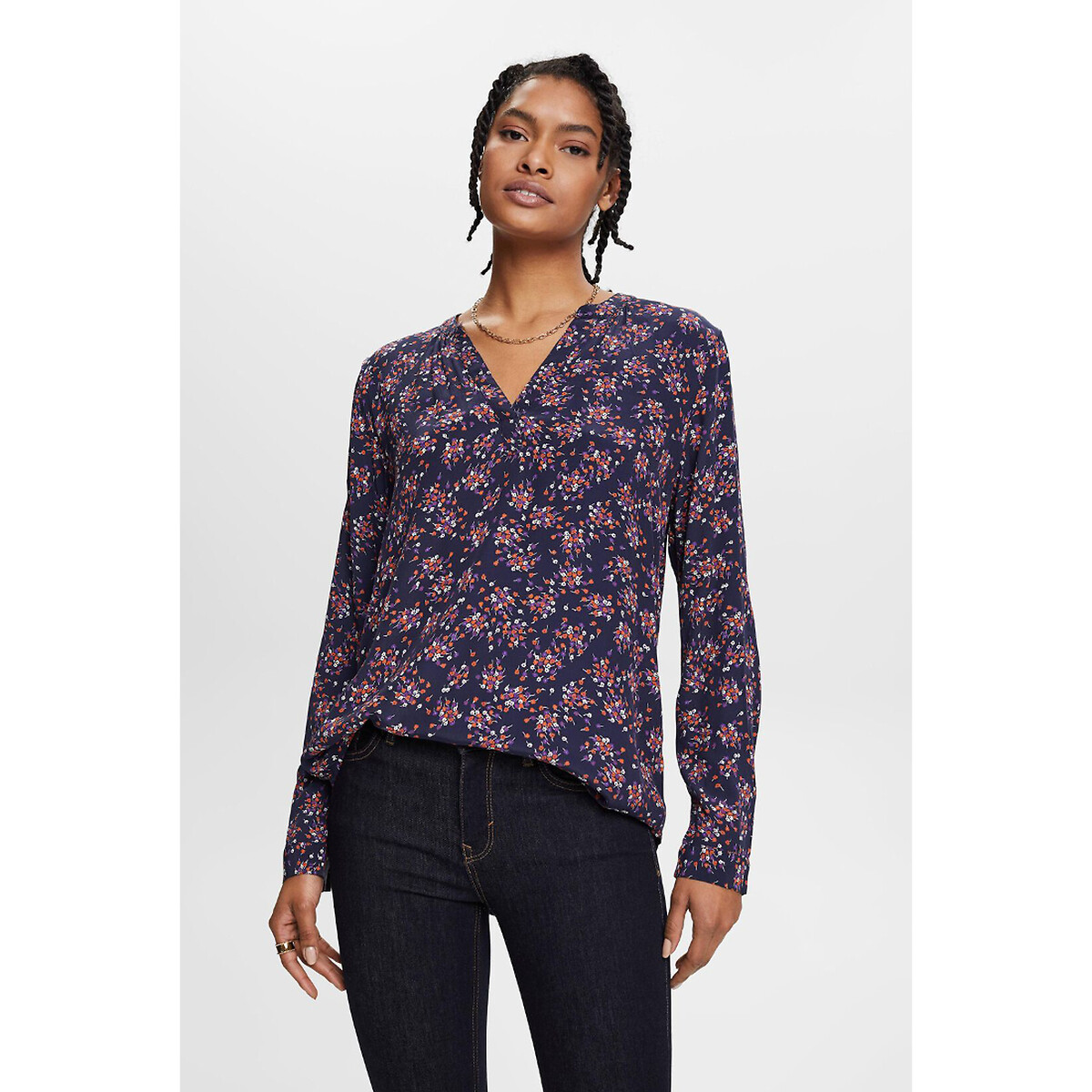 Floral Print V-Neck Blouse with Long Sleeves