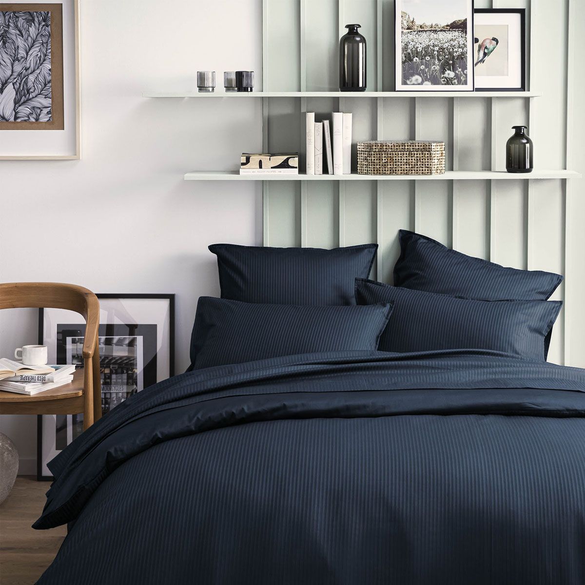 65 x 65 cm x 2 Basics Parure de lit avec housse de couette en satin 240 x 220 cm Rayures bleu glace texturées 