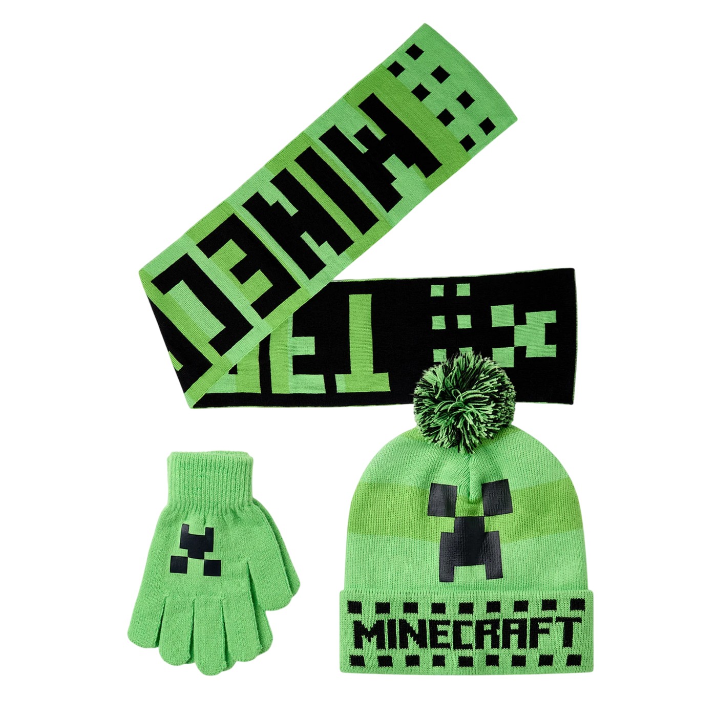 Ensemble bonnet, gants et écharpe motif Creeper, MINECRAFT