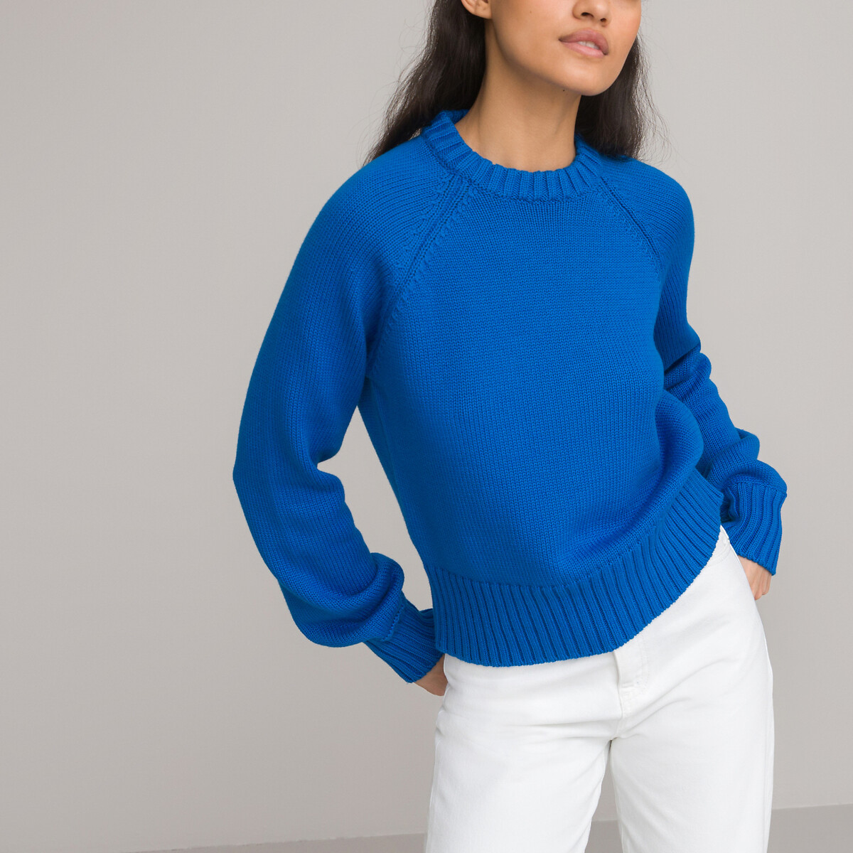 Cotton Mix Jumper in Chunky Knit with Crew Neck