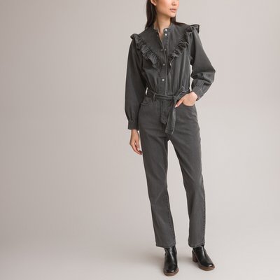 Cotton Ruffled Jumpsuit with Crew Neck and Long Sleeves, Length 28.5" LA REDOUTE COLLECTIONS