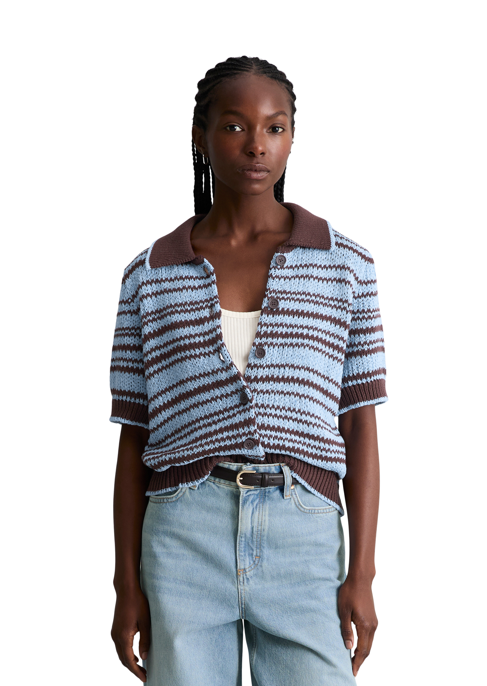 Polo cardigan regular en fil à bandelettes teinté dans la masse, MARC O’POLO DENIM