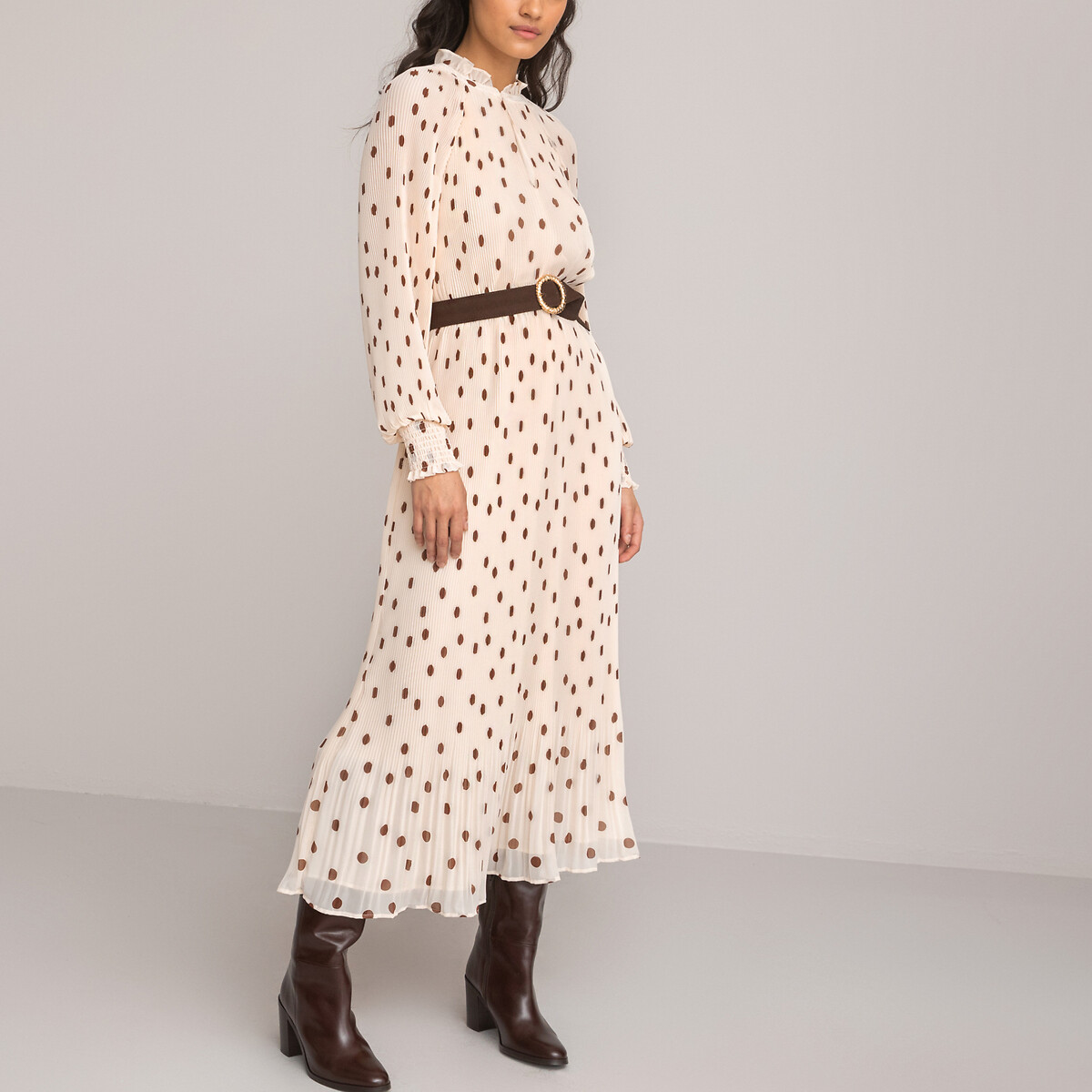 Pleated Midaxi Dress in Polka Dot Print with Ruffled Neck