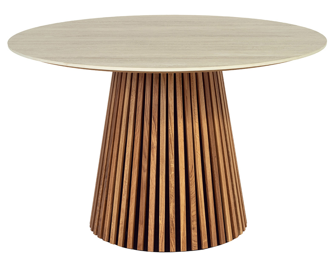 Table à manger ronde plateau effet travertin, FREYA, BEST MOBILIER