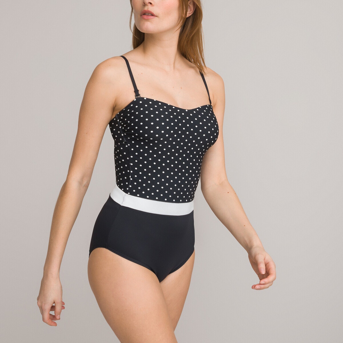 Maillot de bain bustier effet ventre plat noir pois Anne Weyburn