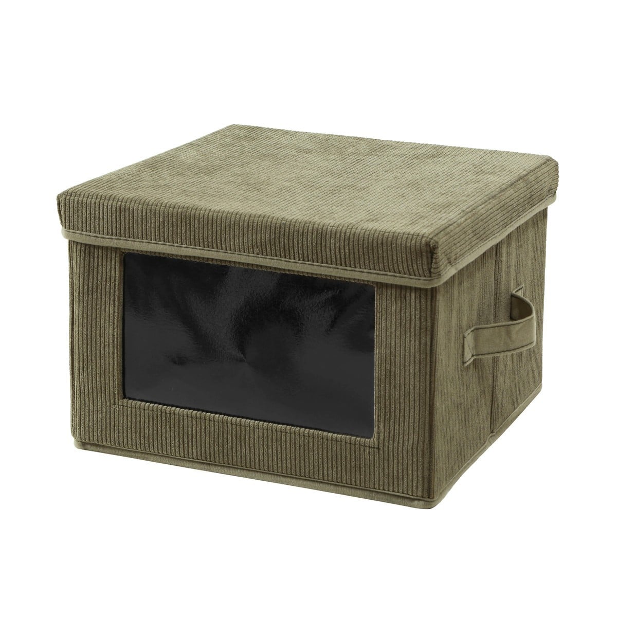 Boîte rangement tissu velours côtelé kaki avec fenêtre - L30 cm, CALICOSY