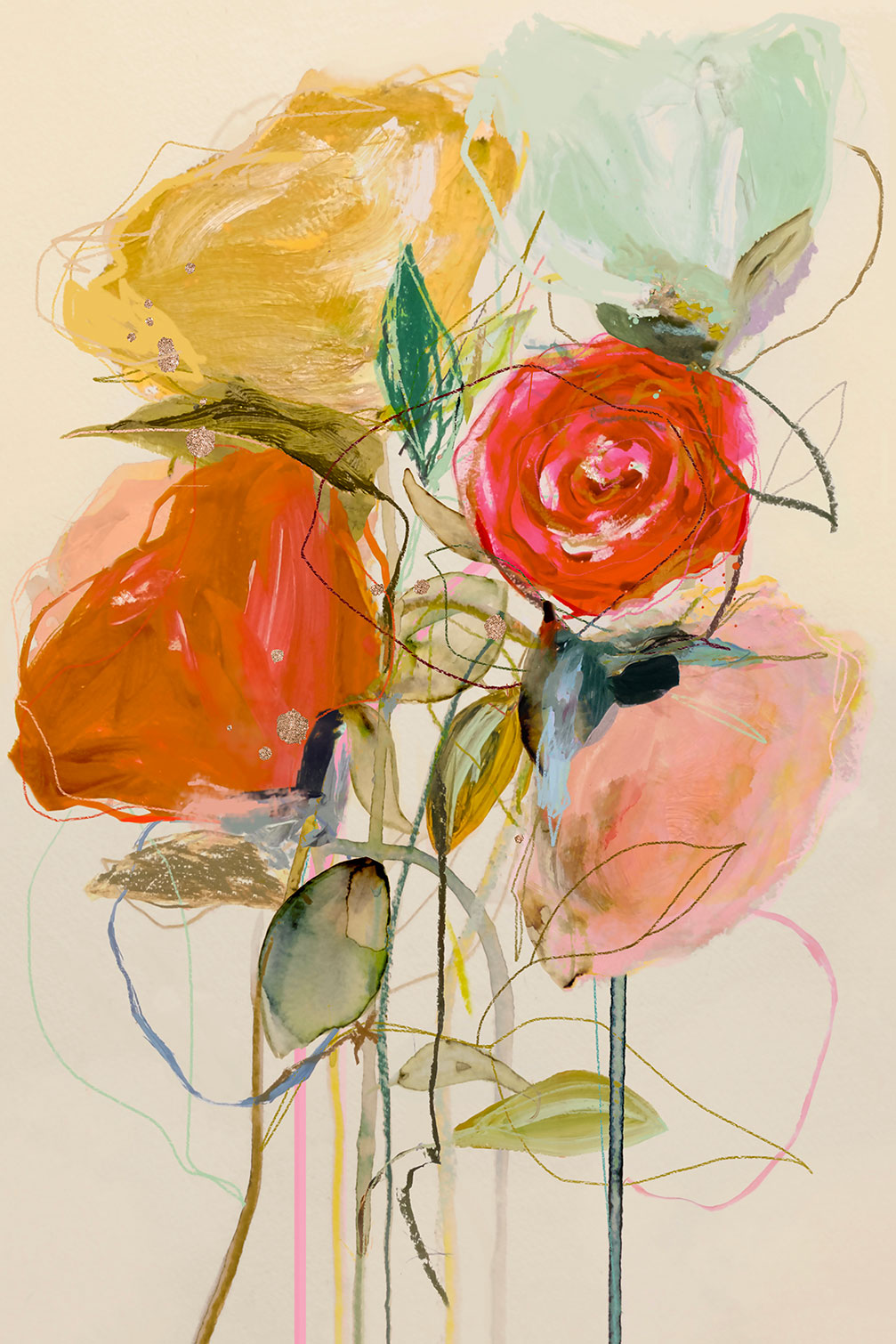 Tableau peinture fleurs bouquet de feu et d'or, HEXOA