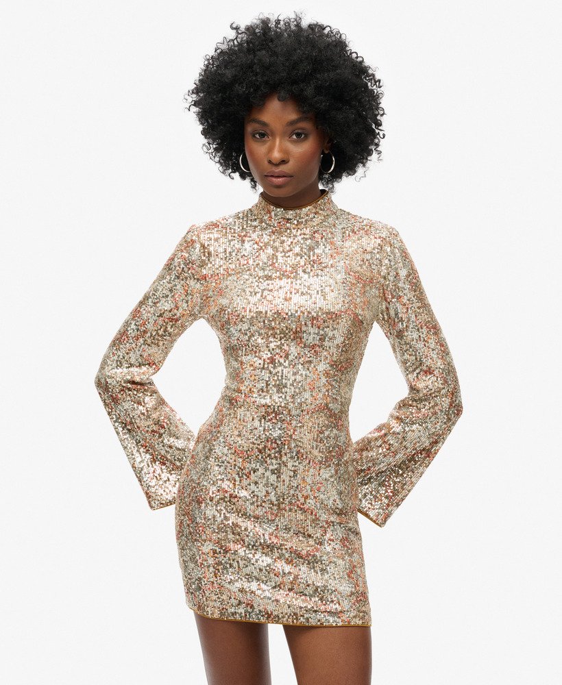 Robe courte imprimée à manches longues et sequins, SUPERDRY