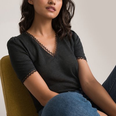 Linen V-Neck T-Shirt with Lace Details LA REDOUTE COLLECTIONS