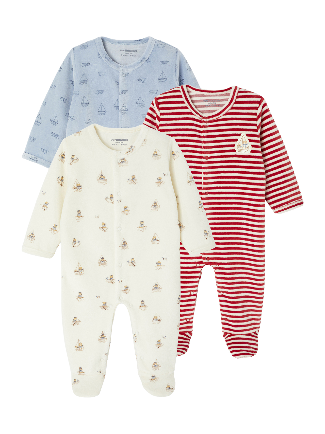 Lot de 3 dors-bien naissance en velours, VERTBAUDET