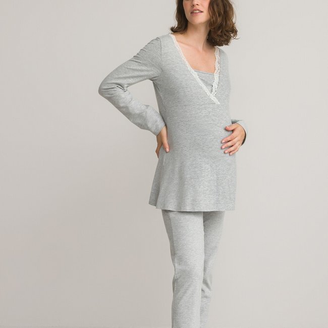 Pyjama für Schwangerschaft und Stillzeit grau <span itemprop=