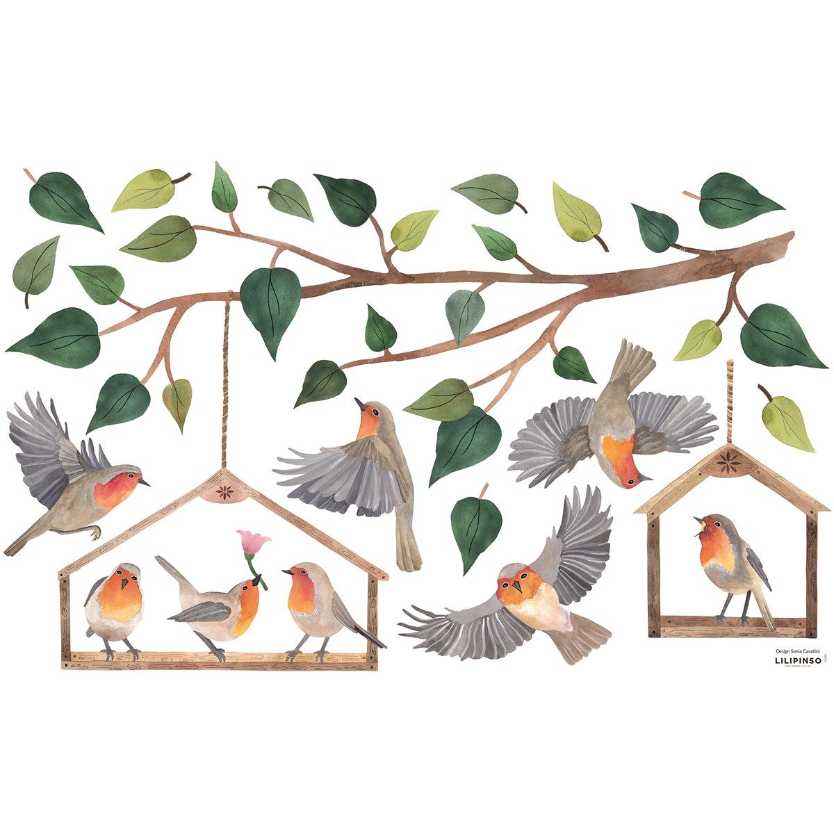 Sticker mural Paire d'oiseaux sur la branche et des fleurs