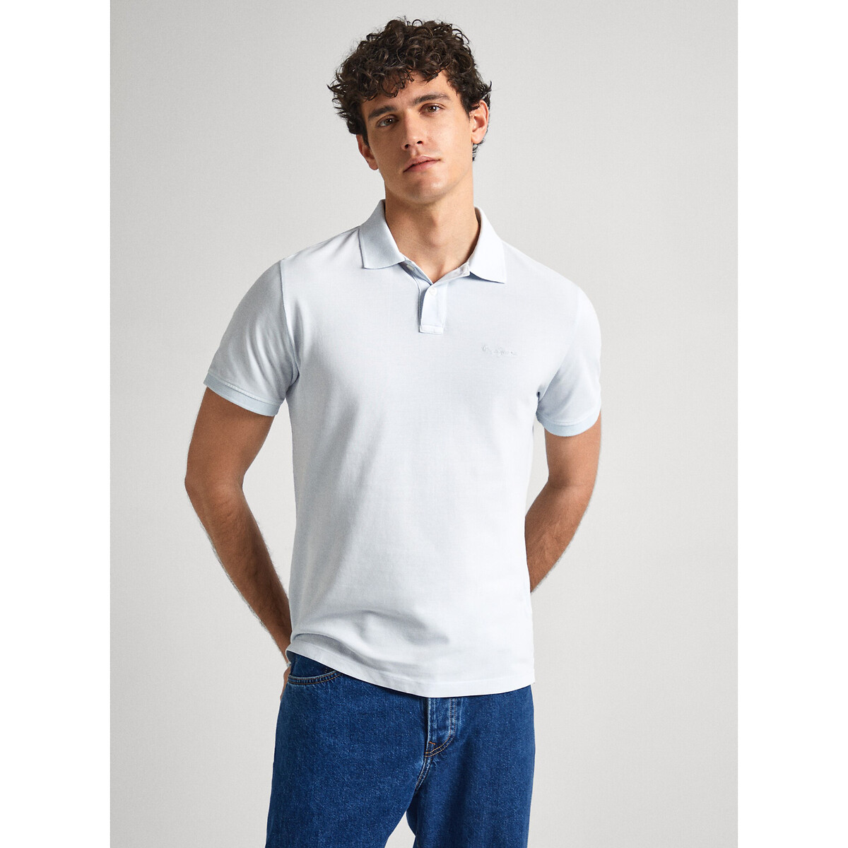 Image of Embroidered Logo Polo Shirt in Cotton Pique with Short Sleeves