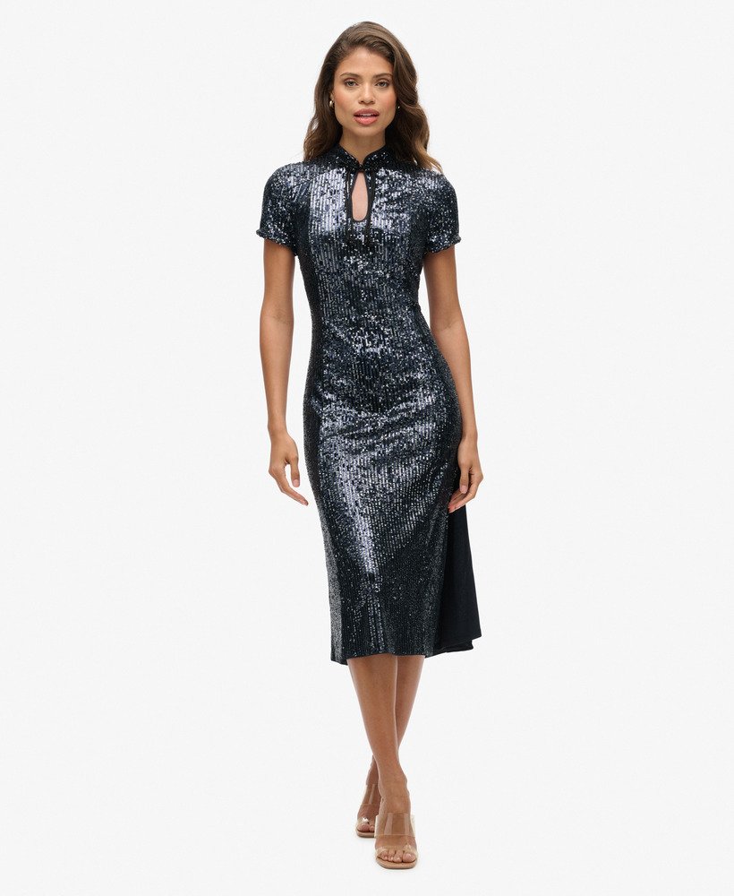 Robe mi-longue à col Mao et sequins, SUPERDRY