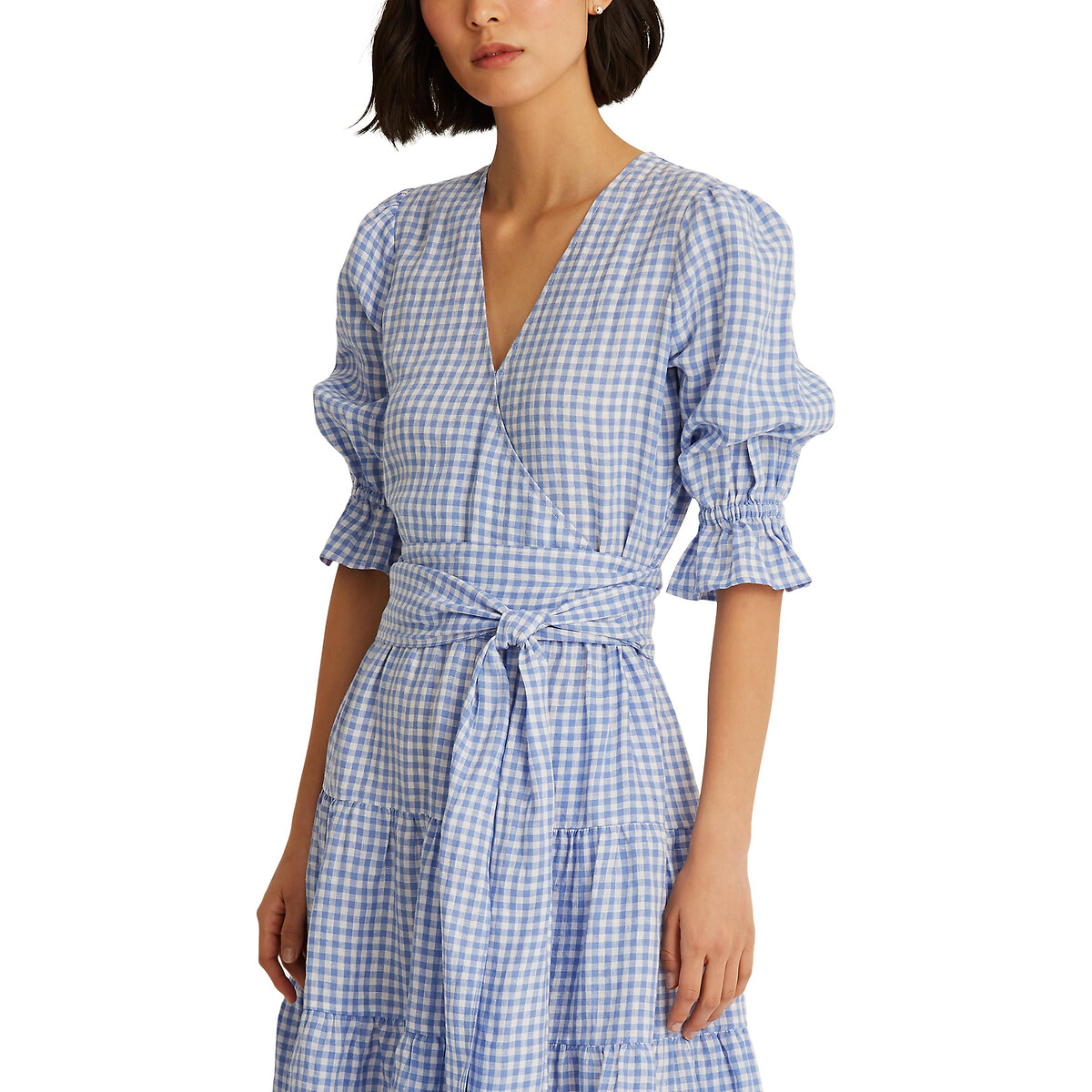 blue and white plaid overall dress