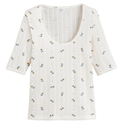 T-shirt met ronde hals, pointelle tricot, bloemenprint LA REDOUTE COLLECTIONS