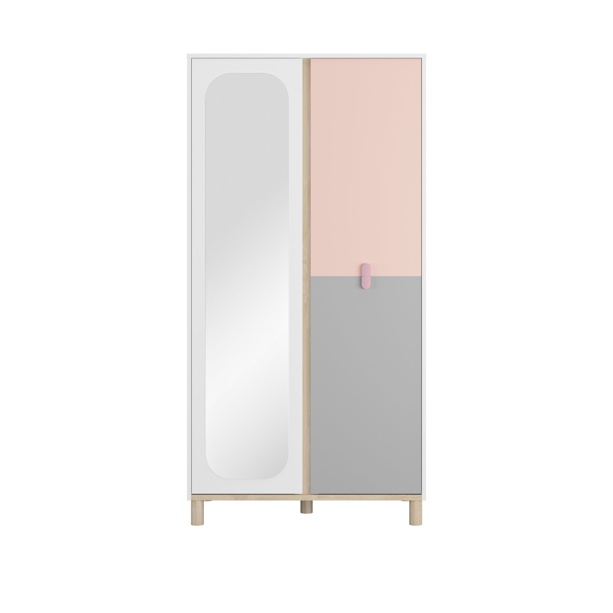Armoire 2 portes mat avec miroir et poignées rose, GAMI