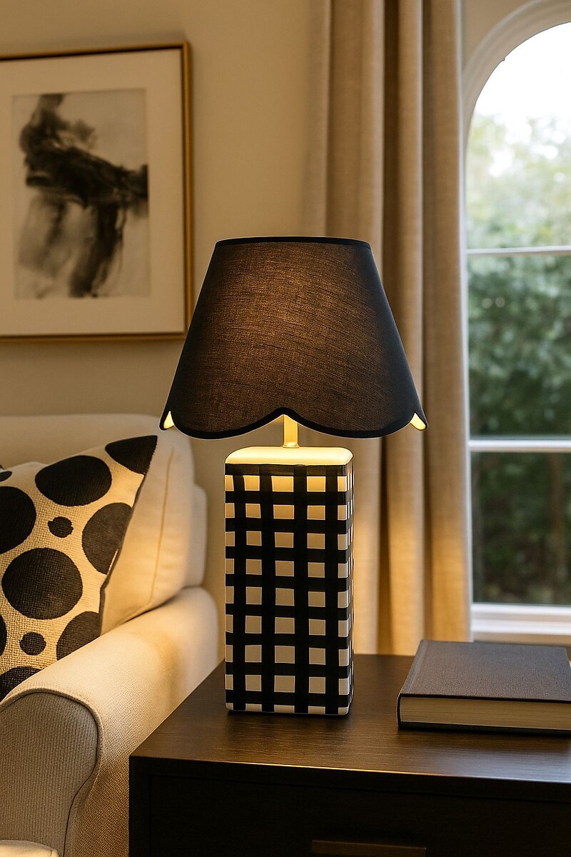 Tully Gingham Table Lamp with Scallop Shade, SO'HOME