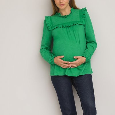 Cotton Ruffled Maternity T-Shirt with Long Puff Sleeves LA REDOUTE COLLECTIONS