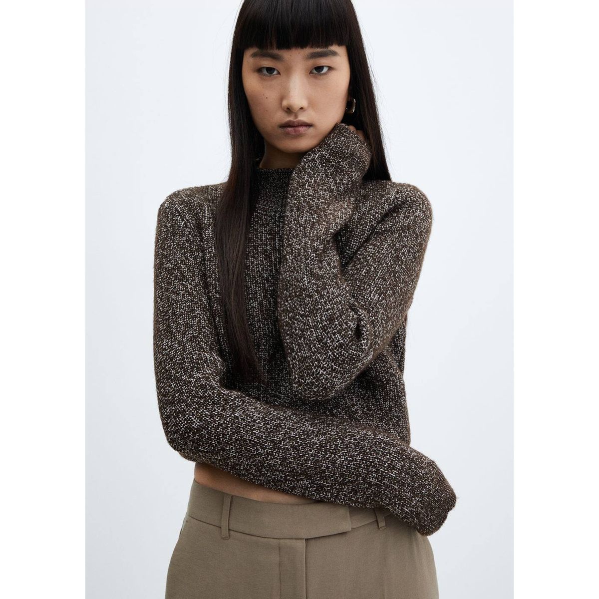 Pull over maille col montant marron Mango La Redoute