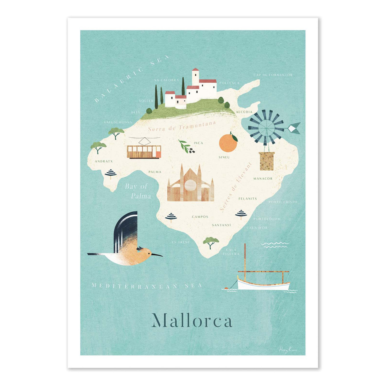 Affiche d'art - Mallorca Map Travel Poster - Henry Rivers, WALL EDITIONS