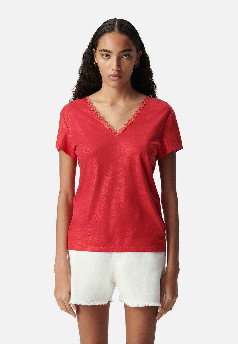 T-shirt van linnenmix met V-hals en kanten detail