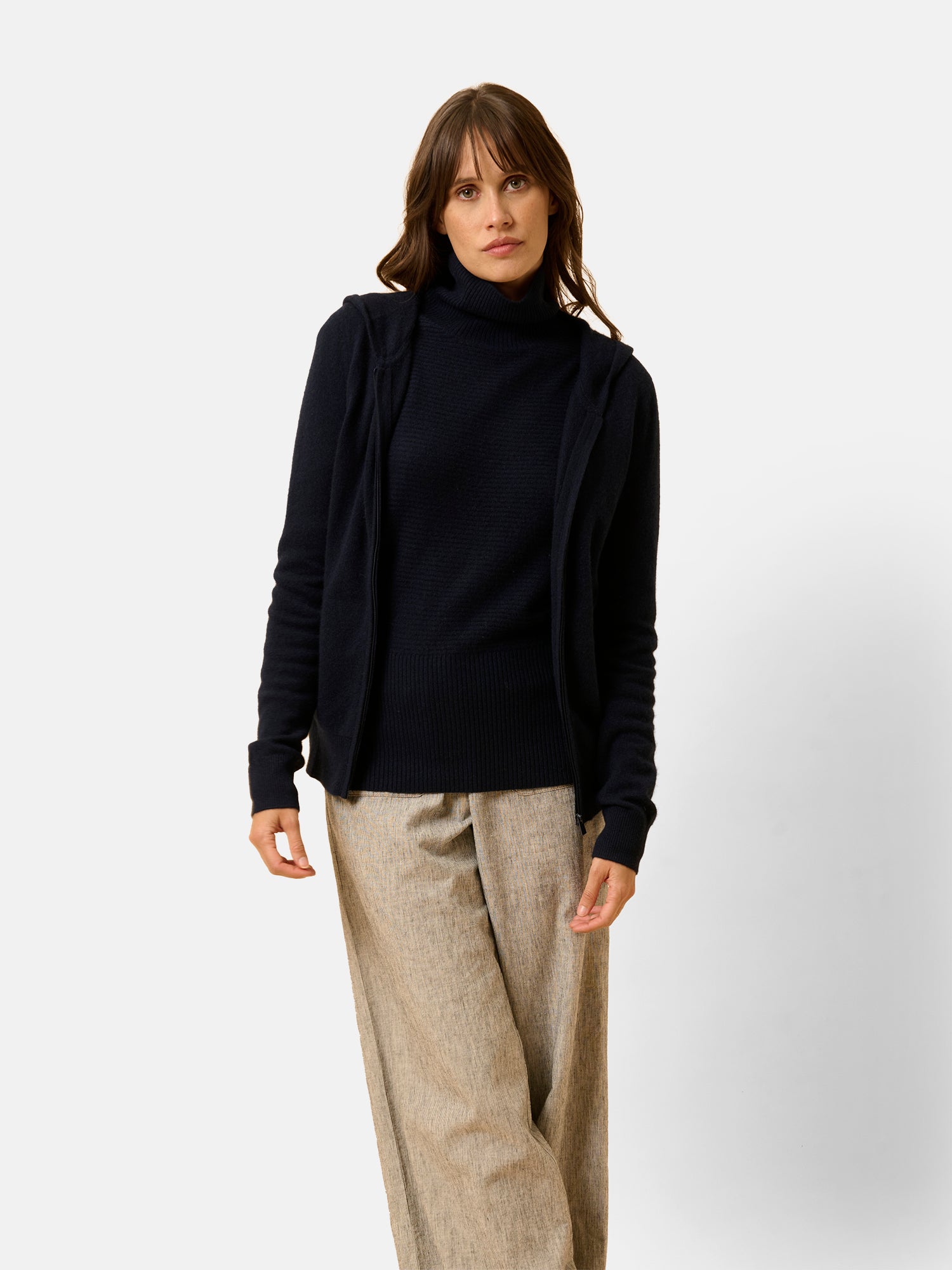 Gilet Zippé Capuche Navy Debbie, JUST CASHMERE