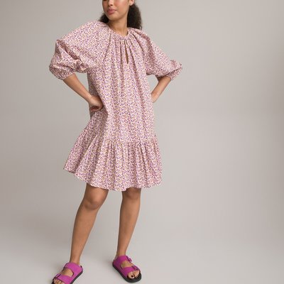 Printed Cotton Tiered Dress with 3/4 Length Puff Sleeves and Crew Neck LA REDOUTE COLLECTIONS