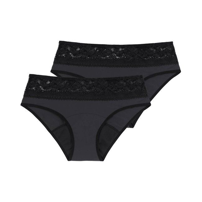 Pack of 2 Eco Moon Lace Period Knickers, black, DORINA