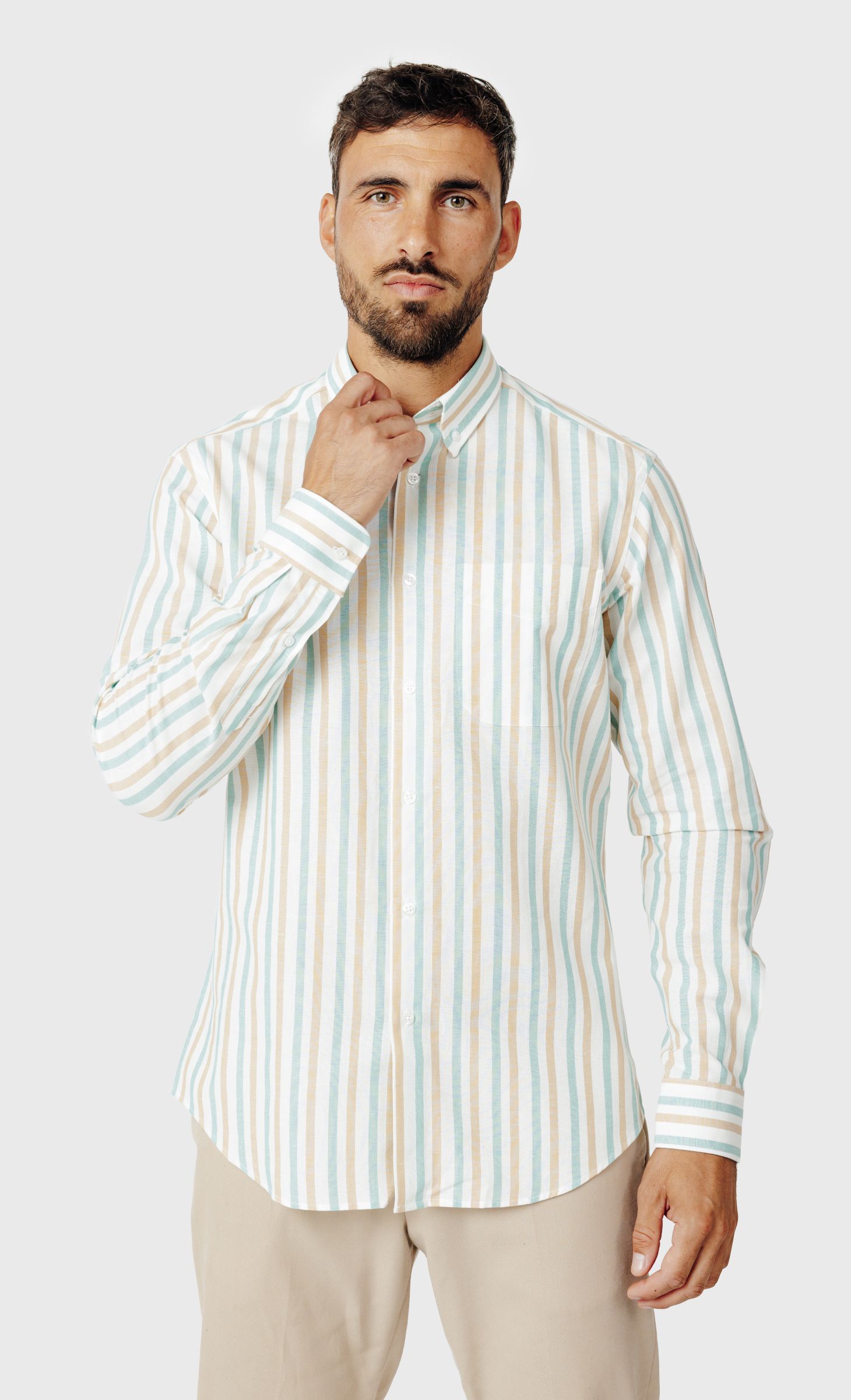 Chemise Regular fit col boutonné en coton lin à rayures vert, ACROSS