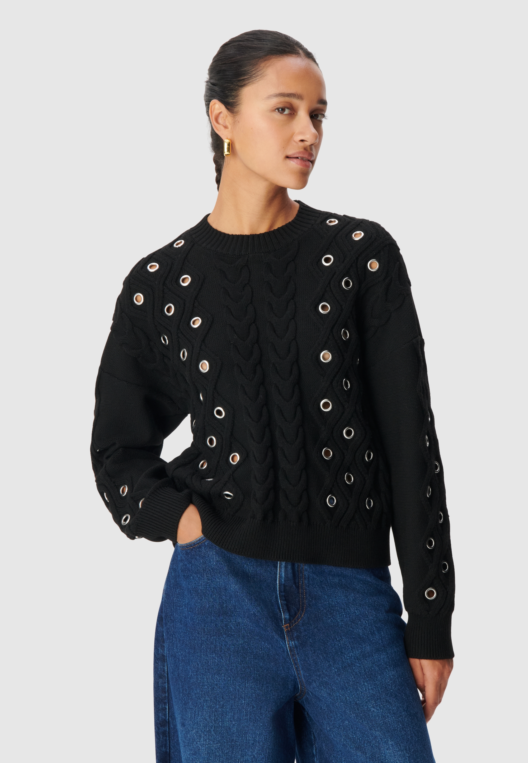 Pull tricot torsades et décor oeillets, IKKS