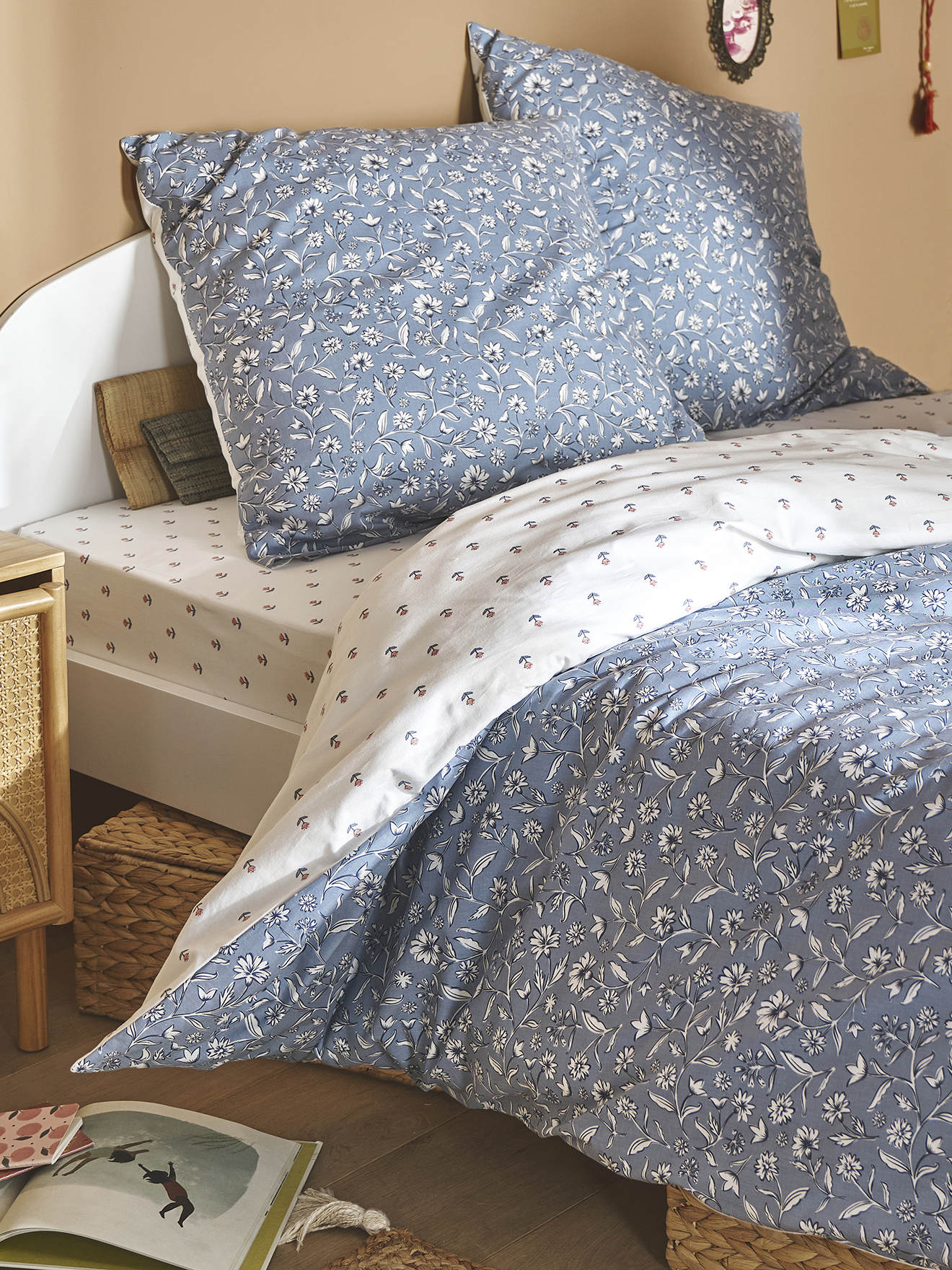 Parure housse de couette + taie d'oreiller INDIA BLUE, réversible avec coton recyclé, VERTBAUDET