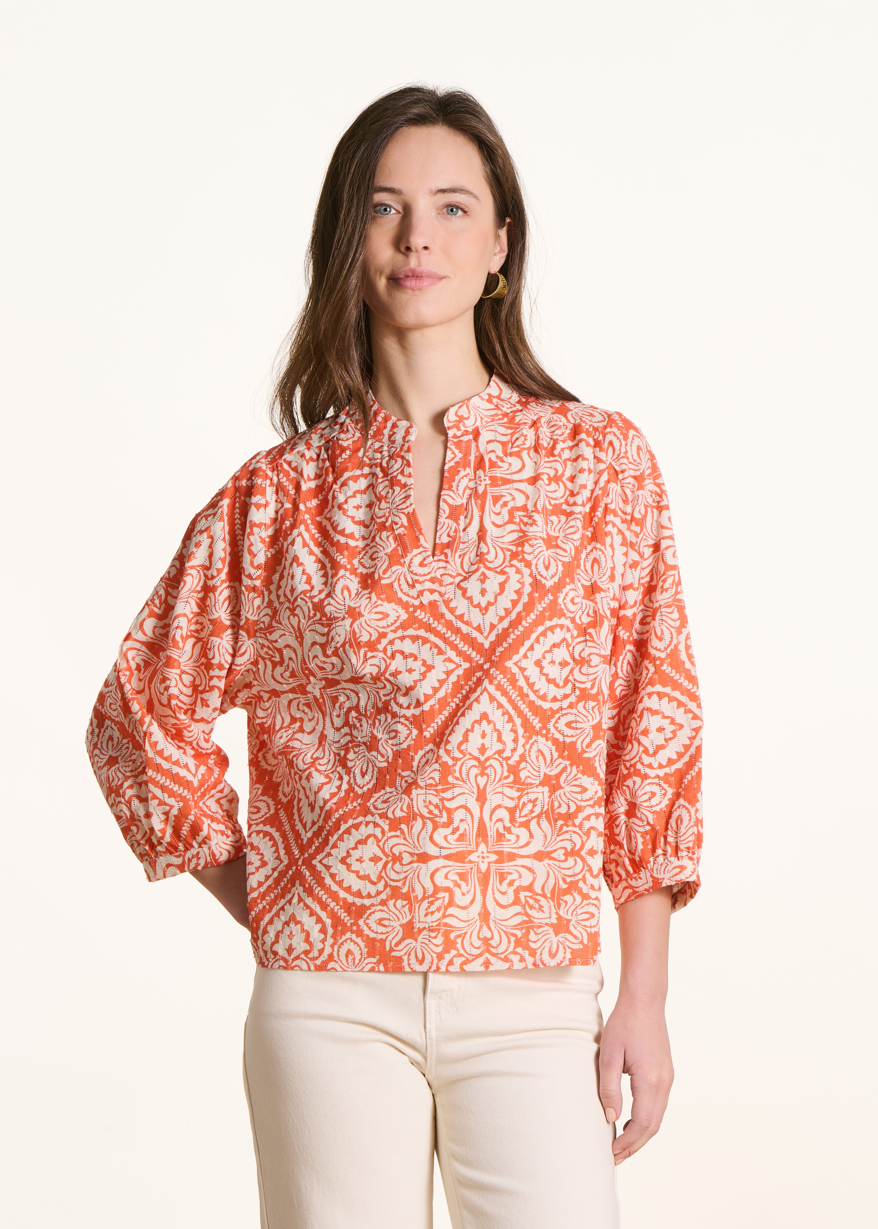 Top imprimé en voile de coton mélangé manches 3/4, LA FEE MARABOUTEE